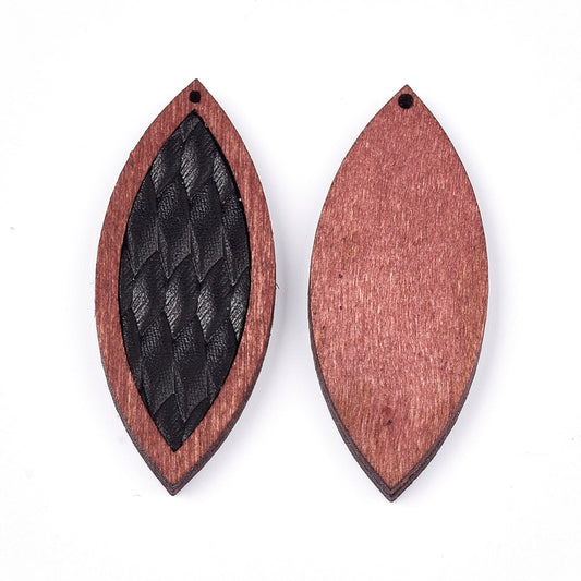 P204 - 4 pcs. Black REAL Leather Cowhide over Wood Dangle Pendants - Rattan - Marquise - 46mm (1.81") - Great for Earrings or Dangles!