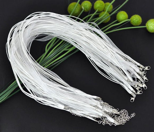 N027 - 15 pcs. White Organza Ribbon Waxen Cord Necklaces with Lobster Clasp - 17 inch (43 cm) - Claw Clasp