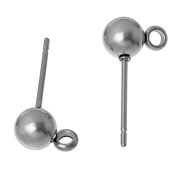 E084 - 10 pcs. (5 pairs) 304 Stainless Steel Earring Ball Posts Settings with Loop - 17mm x 9mm - 6mm Ball - Hypoallergenic! Stoppers Included!