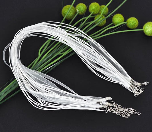 N027 - 15 pcs. White Organza Ribbon Waxen Cord Necklaces with Lobster Clasp - 17 inch (43 cm) - Claw Clasp