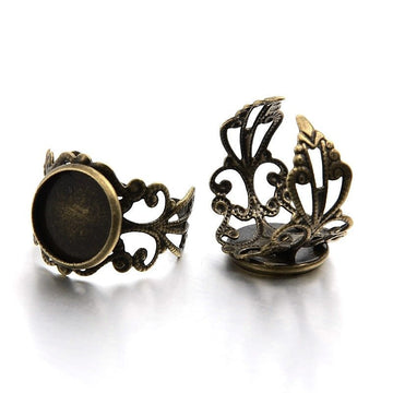 RB009 - 5 pcs. Antique Bronze ADJUSTABLE Cabochon Setting Bezel RING bases settings - Ring Size 7.5 US - Glue Pad 12mm (0.47 in) - Filigree Pattern
