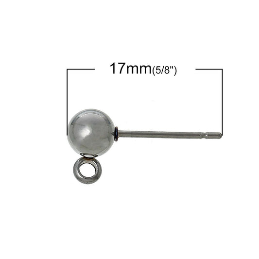 E084 - 10 pcs. (5 pairs) 304 Stainless Steel Earring Ball Posts Settings with Loop - 17mm x 9mm - 6mm Ball - Hypoallergenic! Stoppers Included!