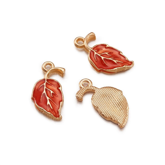 P312 - 10 pcs. Golden Orange Fall Leaves Enamel Charms - 20mm - Hole Size: 1.5mm