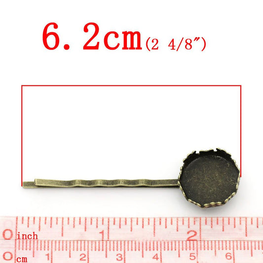 H030 - 10 pcs. - Antique Bronze Hair Bobby Pins Cabochons Bezels - 62mm x 17mm  (2.45" x 0.67") - 16mm Glue Pad