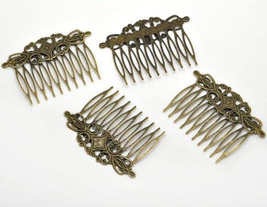 H016 - 10 pcs. - Antique Bronze Flower Hair Clips Combs - 46mm x 65mm (1.8" x 2.6") - LARGE