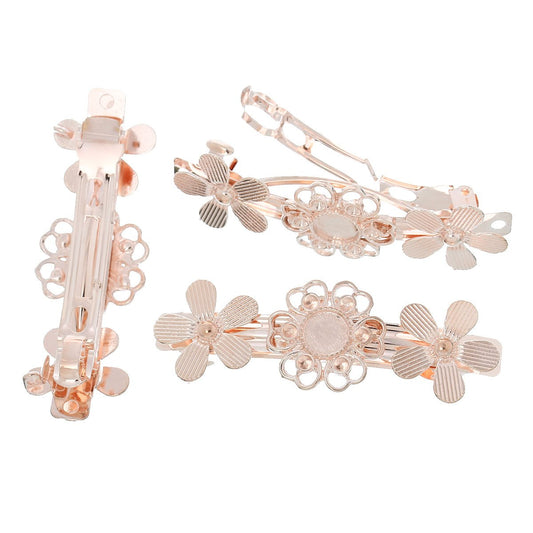 H006 - 5 pcs Rose Gold Plated French Hair Barrettes Hair Clips - 77mm x 26mm (3" x 1") - 10mm Glue Pad - 1 Bezel - Flower Design