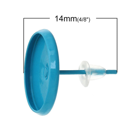 E156 - 10 pcs. Ocean Blue Earring Posts Studs Settings Bezels Cabochons Tacks- 10mm Glue Pad Setting