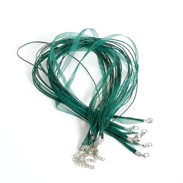 N028 - 15 pcs. Dark Green Organza Ribbon Waxen Cord Necklaces with Lobster Clasp - 17 inch (43 cm) - Claw Clasp and Extender Chain
