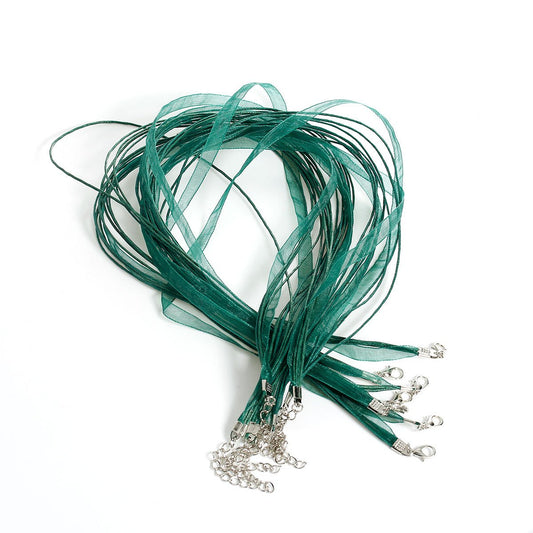 N028 - 15 pcs. Dark Green Organza Ribbon Waxen Cord Necklaces with Lobster Clasp - 17 inch (43 cm) - Claw Clasp and Extender Chain