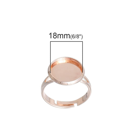 RB010 - 5 pcs. Rose Gold Plated ADJUSTABLE Cabochon Setting Bezel RING bases settings - Ring Size 6 US - Glue Pad 18mm - Made of Copper!