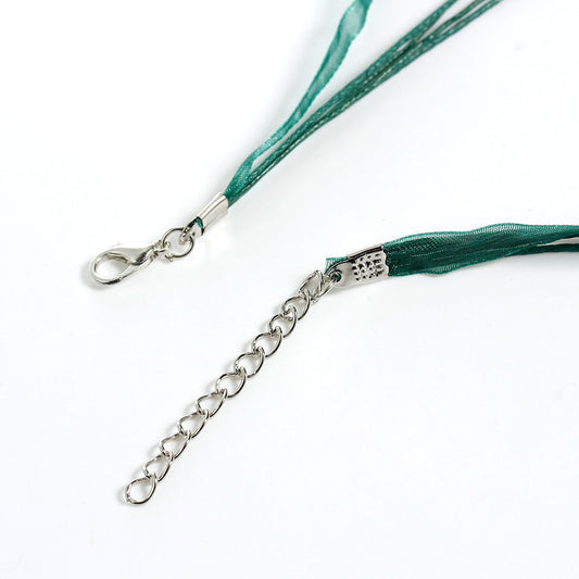 N028 - 15 pcs. Dark Green Organza Ribbon Waxen Cord Necklaces with Lobster Clasp - 17 inch (43 cm) - Claw Clasp and Extender Chain