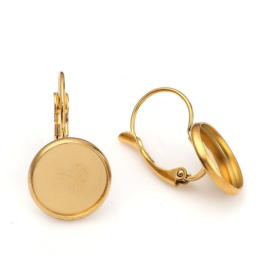 E293 - 10 pcs. (5 pairs) Stainless Steel Gold Plated Earring Clips Settings Lever Back Bezels Cabochons - 12mm Glue Pad Setting