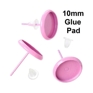 E157 - 50 pcs. Pink Earring Posts Studs Settings Bezels Cabochons Tacks- 10mm Glue Pad Setting