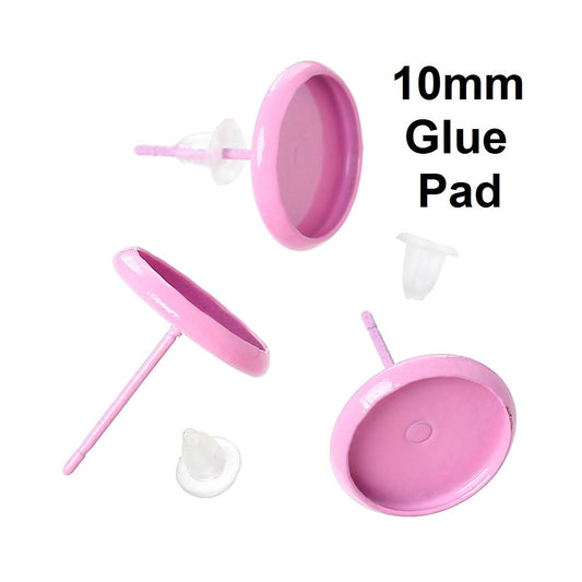 E157 - 50 pcs. Pink Earring Posts Studs Settings Bezels Cabochons Tacks- 10mm Glue Pad Setting