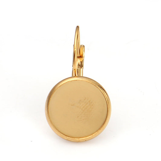 E293 - 10 pcs. (5 pairs) Stainless Steel Gold Plated Earring Clips Settings Lever Back Bezels Cabochons - 12mm Glue Pad Setting