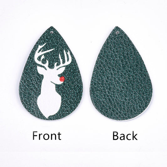 P254 - 10 pcs. Raindeer Faux Leather Dangle Charms Pendants - Teardrop - Christmas - 56mm (2.2") - Great for Earrings or Dangles!