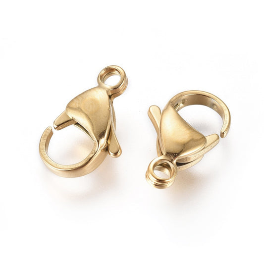 CL129 - 10 pcs. 304 Stainless Steel Lobster Clasps - 15mm x 9mm - Claw Clasps - Golden - Tarnish Resistant!