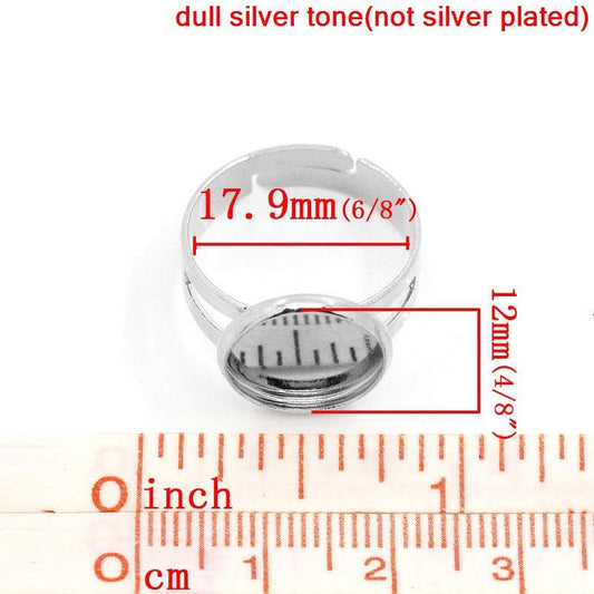 RB011 - 10 pcs. Silver Tone ADJUSTABLE Cabochon Setting Bezel RING bases settings - Ring Size 7.5 US (17.9mm)- Glue Pad 12mm (0.47 in)
