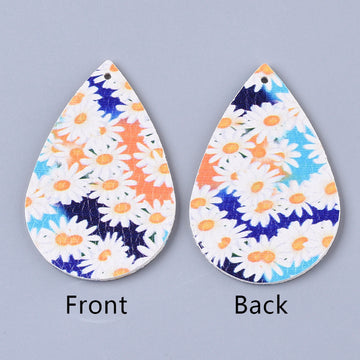 P740 - 10 pcs. Multicolor Floral Faux Leather Dangle Charms Pendants - Daisy - Teardrop - 55mm (2.17") - Double Sided