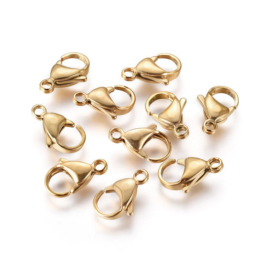 CL129 - 10 pcs. 304 Stainless Steel Lobster Clasps - 15mm x 9mm - Claw Clasps - Golden - Tarnish Resistant!