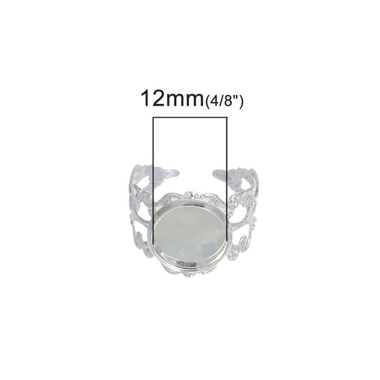 RB012 - 5 pcs. Silver Plated ADJUSTABLE Cabochon Setting Bezel RING bases settings - Ring Size 6 US - Glue Pad 12mm (0.47 in) - Filigree Pattern