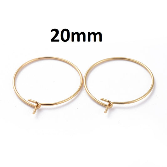 W037 - 10 pcs. 316L Surgical Stainless Steel Gold Plated Wine Charm / Earwire Hoop Rings - 20mm - 21 Gauge (0.7mm Thick) - Hypoallergenic! Style B
