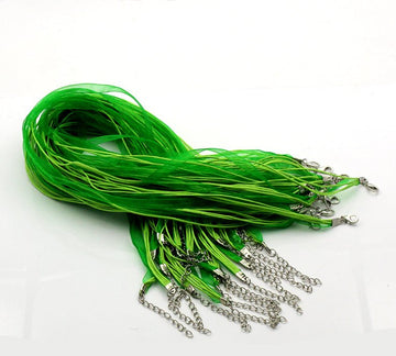 N031 - 15 pcs. Green Organza Ribbon Waxen Cord Necklaces with Lobster Clasp - 17 inch (43 cm) - Claw Clasp