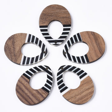 RW0054 - 4 pcs. Black and White Stripes Resin and Wood Teardrop Flat Pendant - 38mm x 28mm - (1.5" x 1.1") - LARGE - Great for Earrings and Necklaces!