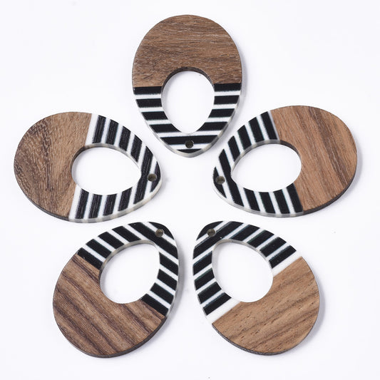 RW0054 - 4 pcs. Black and White Stripes Resin and Wood Teardrop Flat Pendant - 38mm x 28mm - (1.5" x 1.1") - LARGE - Great for Earrings and Necklaces!