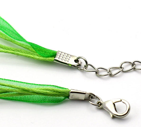 N031 - 15 pcs. Green Organza Ribbon Waxen Cord Necklaces with Lobster Clasp - 17 inch (43 cm) - Claw Clasp