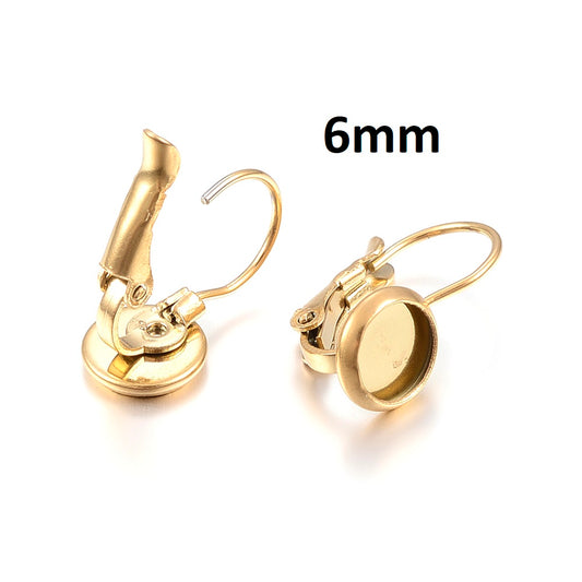 E021 - 10 pcs. (5 pairs) 304 Stainless Steel 18k Gold Plated Earring Clips Settings Lever Back Bezels Cabochons - 6mm Glue Pad Setting