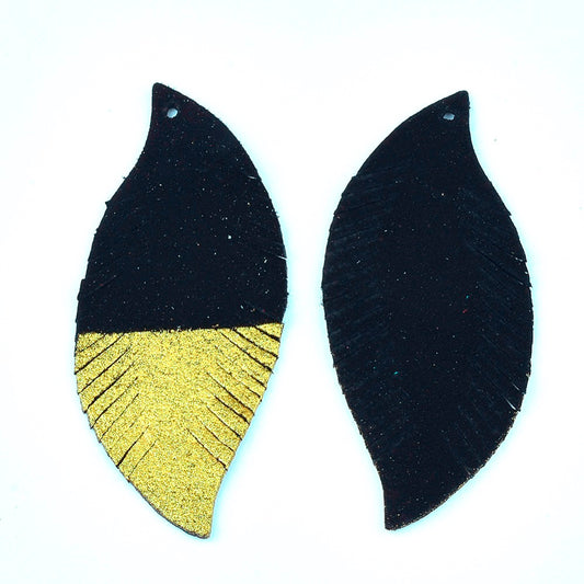P326 - 4 pcs. Black and Golden REAL Leather Sheepskin Dangle Pendants - Leaves - 70mm (2.76")