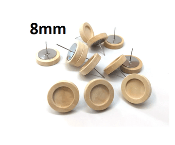 E813 - 10 pcs. Stainless Iron Earring Posts Studs Settings Bezels Cabochons Tacks - 8mm Glue Pad Setting - Silver Tone - Wood Bezel - Natural