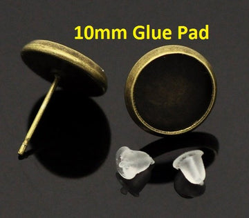 E172A - 10 pcs. Antique Bronze Earring Posts Studs Settings Bezels Cabochons Tacks- 10mm Glue Pad Setting