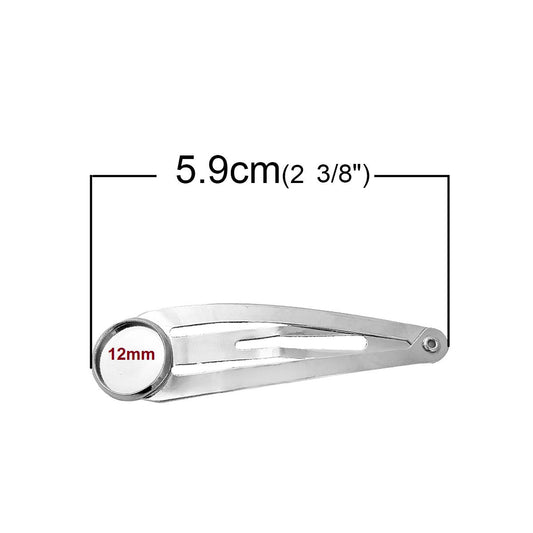 H024 - 10 pcs. - Silver Tone Hair Banana Clips Cabochons Bezels - 59mm x 16mm (2.32" x 0.63") - 12mm Glue Pad