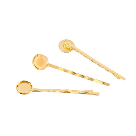 H038 - 10 pcs. - Gold Plated Hair Bobby Pins Cabochons Bezels - 61mm x 14mm (2.4" x 0.55") - 12mm Glue Pad