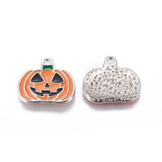 P314 - 10 pcs. Silver Tone Halloween Pumpkin Jack O Lantern Enamel Charms - 21mm - Hole Size: 2mm