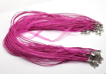 N032 - 15 pcs. Hot Pink Fuchsia Organza Ribbon Waxen Cord Necklaces with Lobster Clasp - 17 inch (43 cm) - Claw Clasps and Extender Chains!