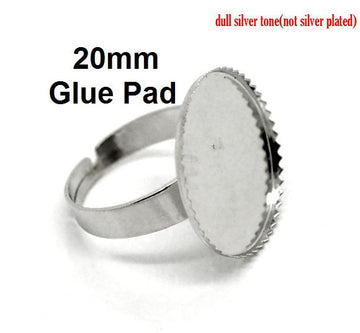 RB014 - 10 pcs. Silver Tone ADJUSTABLE Cabochon Setting Bezel RING bases settings - Ring Size 7 US - Glue Pad 20mm