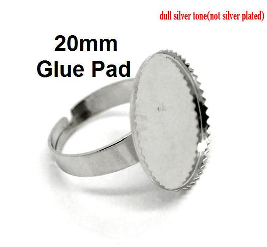 RB014 - 10 pcs. Silver Tone ADJUSTABLE Cabochon Setting Bezel RING bases settings - Ring Size 7 US - Glue Pad 20mm