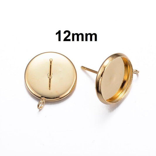 E263 - 10 pcs 304 Stainless Steel Golden Earring Posts Studs Settings Bezels Cabochons Tacks with Loop - 12mm Glue Pad Setting - Perpendicular Loop