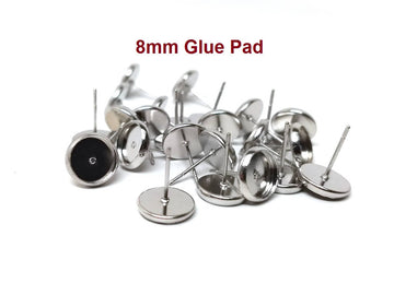 E088 - 10 pcs. Silver Tone Earring Posts Studs Settings Bezels Cabochons Tacks- 8mm Glue Pad Setting - Includes Rubber Backs!