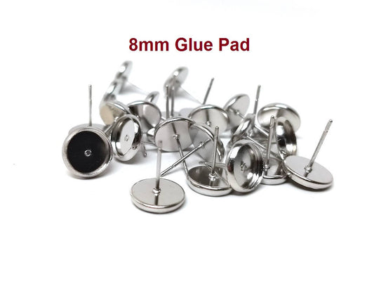 E088 - 10 pcs. Silver Tone Earring Posts Studs Settings Bezels Cabochons Tacks- 8mm Glue Pad Setting - Includes Rubber Backs!