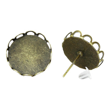 E160 - 10 pcs. Antique Bronze Earring Posts Settings Bezels Cabochons Tacks- 14mm Glue Pad Setting - Crown Design