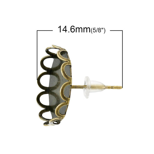 E160 - 10 pcs. Antique Bronze Earring Posts Settings Bezels Cabochons Tacks- 14mm Glue Pad Setting - Crown Design