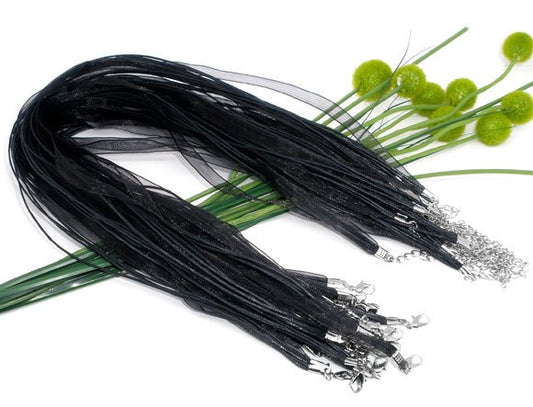 N033 - 100 pcs. Black Organza Ribbon Waxen Cord Necklaces - 17 inch