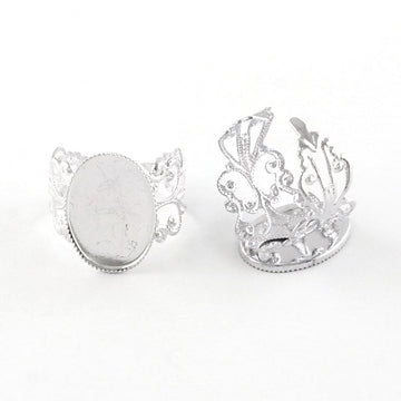 RB015 - 10 pcs. Silver Plated ADJUSTABLE Cabochon Setting Bezel RING bases settings - Ring Size 8 US - Glue Pad 18mm x 13mm - Filigree Pattern