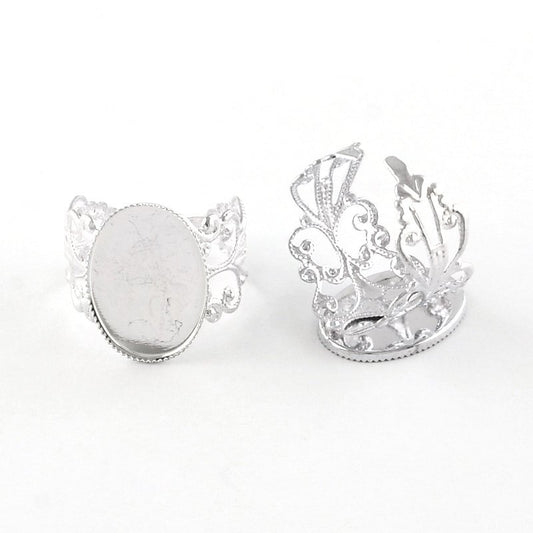 RB015 - 10 pcs. Silver Plated ADJUSTABLE Cabochon Setting Bezel RING bases settings - Ring Size 8 US - Glue Pad 18mm x 13mm - Filigree Pattern