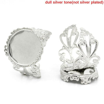 RB016 - 10 pcs. Silver Tone ADJUSTABLE Cabochon Setting Bezel RING bases settings - Ring Size 9 US - Glue Pad 16mm