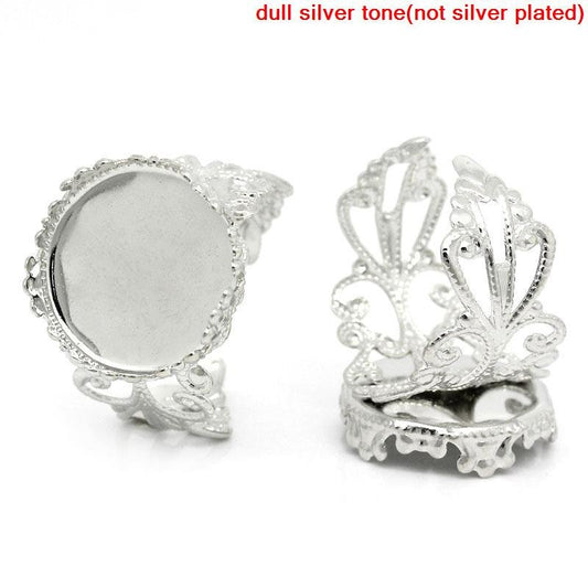 RB016 - 10 pcs. Silver Tone ADJUSTABLE Cabochon Setting Bezel RING bases settings - Ring Size 9 US - Glue Pad 16mm